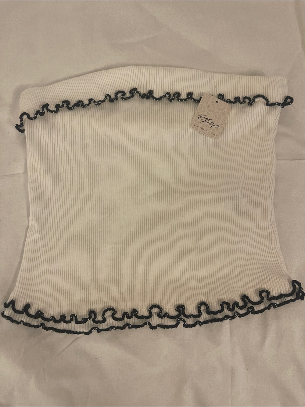 Free People White Ribbed Strapless Tube Top with Black Lettuce Trim